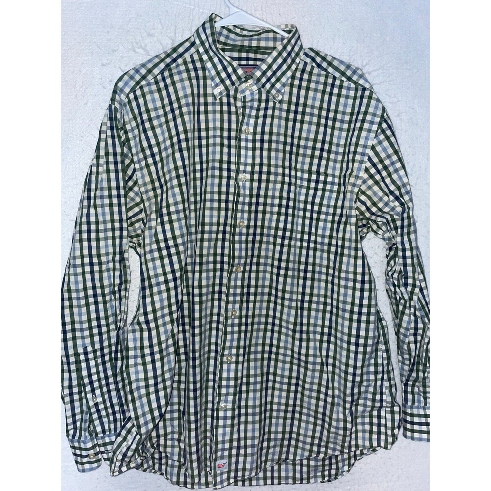 Vineyard Vines Shirt Mens L Classic Fit Murray Whale Logo Green Blue Check